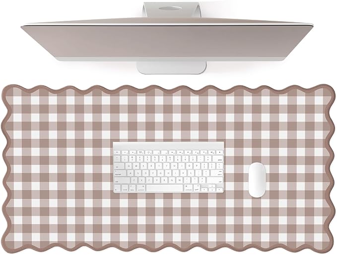 Scalloped‌ Checkered Desk Mat Cute Brown Gingham XXL Large Gaming Mouse Pad Farmhouse Cottagecore ‌Vintage‌ Keyboard Computer Mat Pad for Desktop Aesthetic Cozy Office Desk Decor