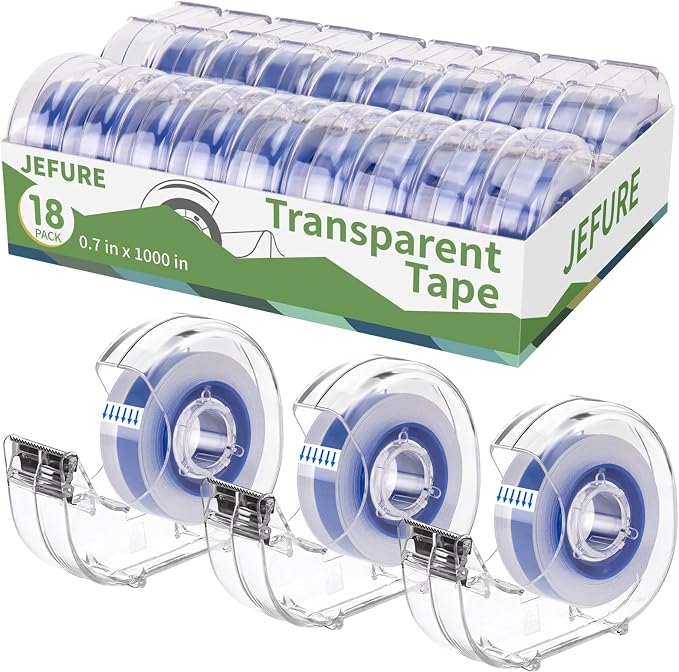 18 Pcs Transparent Tape with Dispenser, 0.7 x 1000 in, Blue Core | Clear Tape Rolls Bulk, Office Tape Refills for Desk, Craft, Gift Wrapping, Home, School, Office, Party, Birthday