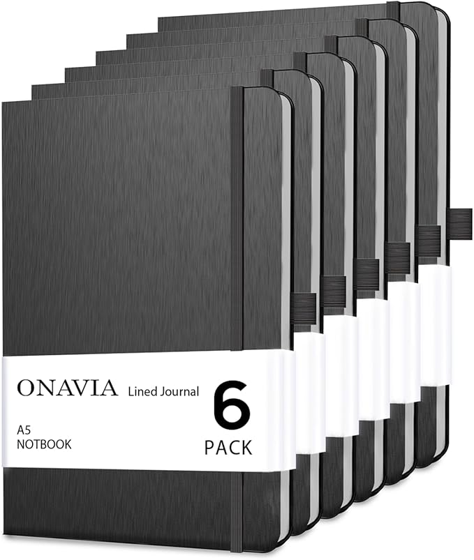 A5 Hardcover Notebook 6 Pack, College Ruled Lined Notebooks for Office, Classroom, Teachers, Students, Meeting Notes, Study and Planning, 160 Pages (80 Sheets), Black