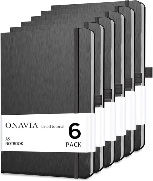 A5 Hardcover Notebook 6 Pack, College Ruled Lined Notebooks for Office, Classroom, Teachers, Students, Meeting Notes, Study and Planning, 160 Pages (80 Sheets), Black