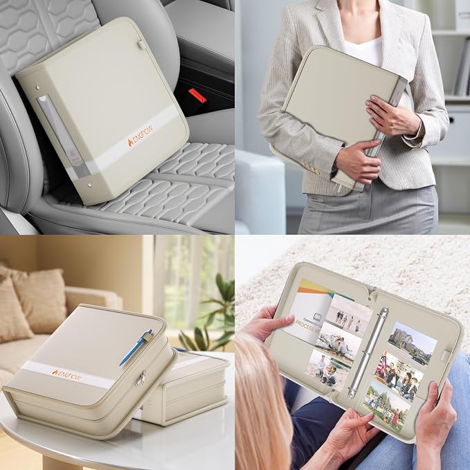 ENGPOW 3 Ring Binder,Fireproof 3" D Ring Organizer with Zipper & Pockets | Holds 750 Sheets,Non-Stick,PVC-Free,Compatible with Sheet Protectors,Durable School Office Home Safe Storage for Paper,Beige