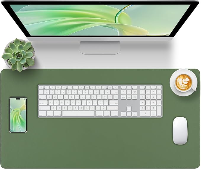Green Leather Desk Pad Large Mouse Pad, 31.5"x15.7" | Waterproof Desk Mat for Keyboard and Mouse, Non-Slip Computer Desk Protector, Smooth Mouse Control for Home Office