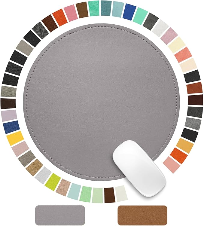 Mouse Pad，Round Mouse Pad，PU Mouse Pad，Leather Mouse Pad with Stitched Edge Micro-Fiber Base with Non-Slip Waterproof，Mouse Pad for Computers，Laptop，9 x 9 Inch (Silver Gray)