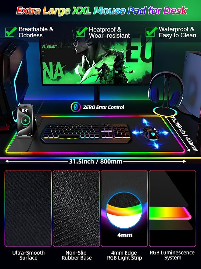 Mouse Pad with Wireless Charger Foldable Phone Holder, XXL RGB Gaming Mousepad 31.5"x15.8" Large Desk Mat for Keyboard, Black Desk Pad with Dual Qi Charging Station, 11 Colors 5 Modes