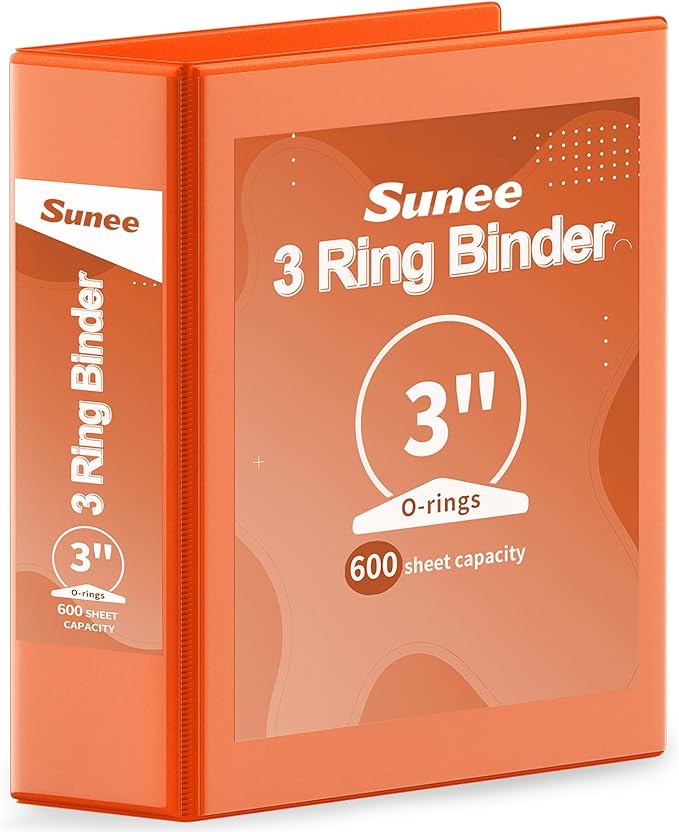 SUNEE 3 Ring Binder 3 Inch 1 Pack, Clear View Binder Three Ring PVC-Free (Fit 8.5x11 Inches) for School or Office Supplies, Orange