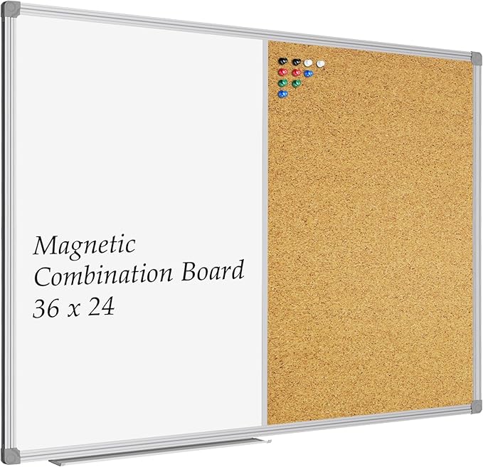 JILoffice White Board & Bulletin Corkboard Combination, Combo Board 36 x 24 Magnetic Whiteboard, Silver Aluminum Frame Wall Mounted Board for Office Home and School with 10 Push Pins