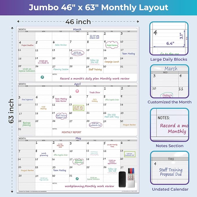 Magnetic Dry Erase Board Calendar 3 Month,46 x 63in Large Magnetic Calendar | Oversized Vertical Reusable Three Monthly White Board Calendars,Giant Huge Jumbo Blank 90 Day Scheduling Planner For Office