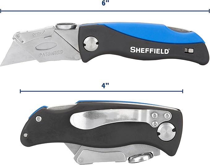 Sheffield Folding Utility Knife, Accepts Standard Utility Knife Blades, Box Cutter, Razor Blades Included, For Home, Office, Trades, and Warehouse