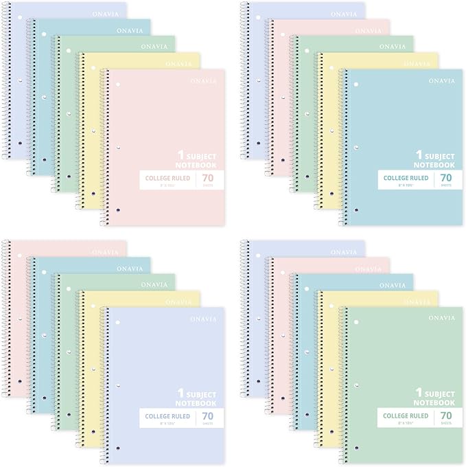 ONAVIA 1 Subject Spiral Notebook College Ruled Bulk, 140 Pages, Assorted | 70 Sheets, 8 x 10.5 in, 20 Pack School Notebooks, Spiral College Ruled Notebook, Students, Classroom