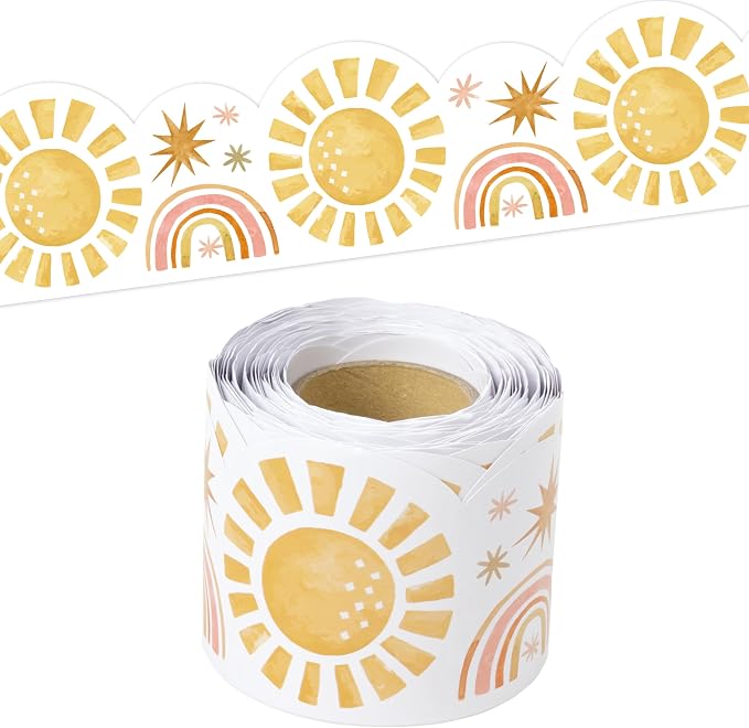 BeYumi Boho Sun Border Trim - 65ft Back to School Boho Sun Scalloped Rolled Border Trim Pastel Watercolor Bulletin Board Set Classroom Office Chalkboard Kindergarten Elementary Home Party Decoration