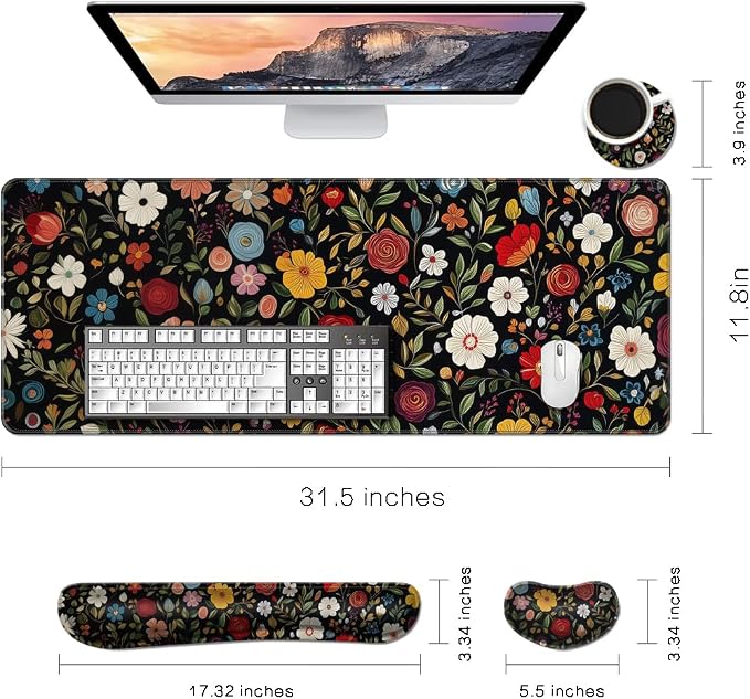 MIBITRI Keyboard Mouse Pad Set, Extended Gaming Mouse Pad+Ergonomics Keyboard Wrist Rest Support, Memory Foam, Easy Typing Pain Relief, 4Pcs XXL Ultra Thick Desk Mat, Red Florals