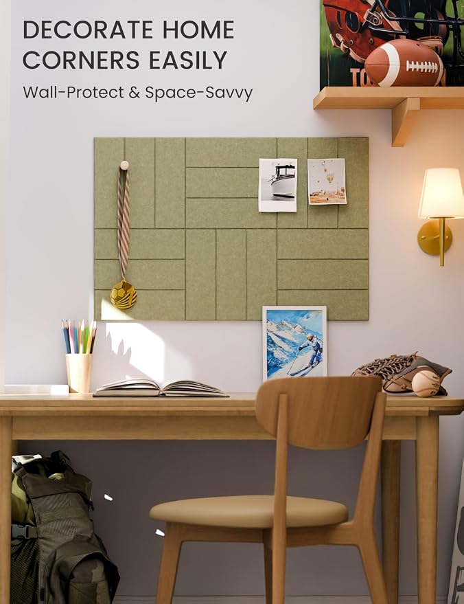 28" x 18" Felt Bulletin Board Tiles, Bold Stripe, Olive Green | 6-Pack Cork Board Alternative, 30 Adhesive Tabs, Push Pin Board, Wall Decor, Office, Home, Classroom, Dorm