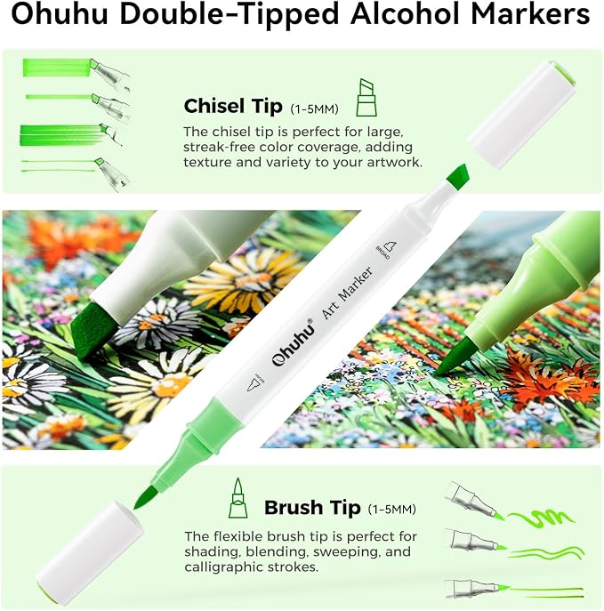 Ohuhu Alcohol Markers Brush& Fine 48 Landscape Colors for Adult Coloring | Brush Art Marker Set for Beginners Drawing Sketching, Dual Tips Alcohol-based Ink& Storage Case