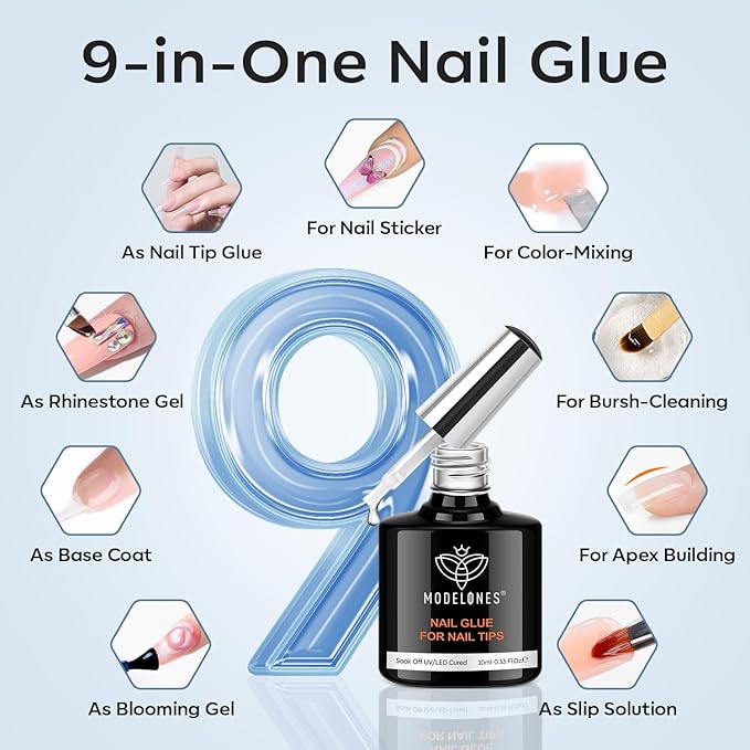 modelones X Nail Gel Kit Extra Short Almond, 9-in-One Nail Glue with Portable U V Lamp 216Pcs 12Sizes Pre-Etched Press ons Fake Acrylic Extension Kit DIY Salon Gift for Women
