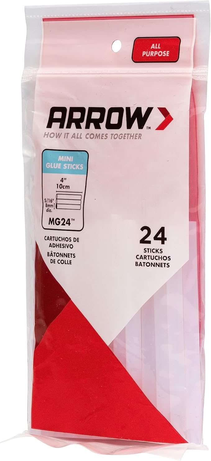 Arrow MG24-4 All Purpose Mini Glue Sticks for Hot Glue Guns, Use for High Temp and Low Temp Crafting, Hobbies, and General Repair Projects, 4-Inch by 5/16-Inch, Clear, 24-Pack