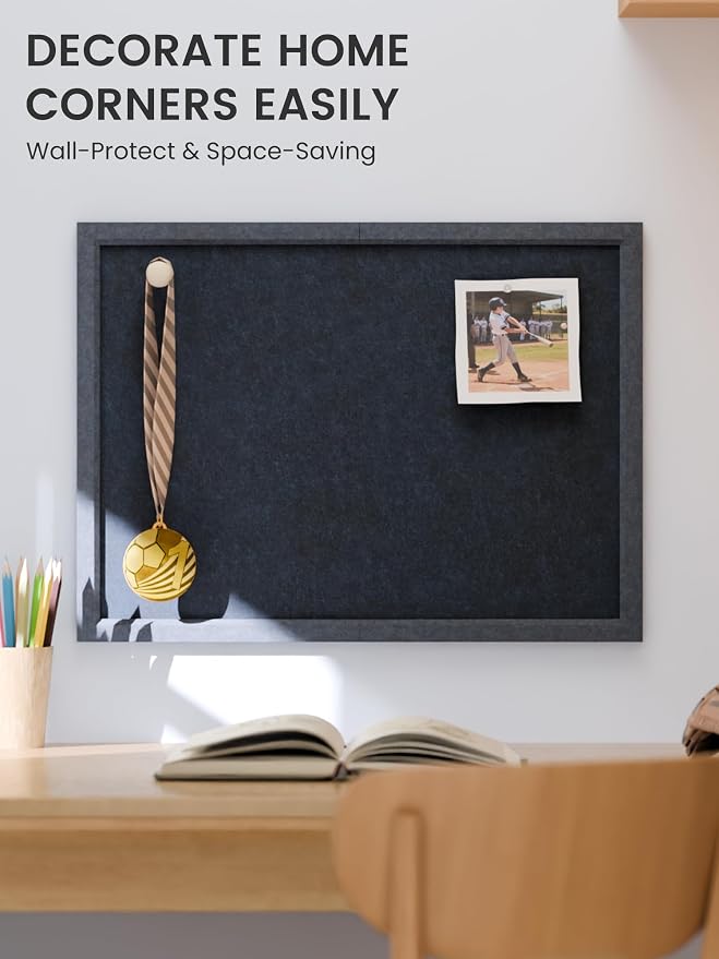 Fluxynara 23.6" x 17.1" Felt Frame Bulletin Board, Carbon Blue | Cork Board Alternative with 12 Removable Adhesive Tabs, Foldable Pin Board for Wall, Home, Office, Classroom & Dorm