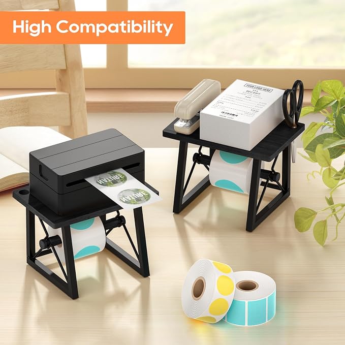 Label Holder for Rolls and Fan-fold Labels, Wooden Label Stand for Shipping Label Printer, Sticker Roll Holder Thermal Printer Accessory for Home, Office (Black)