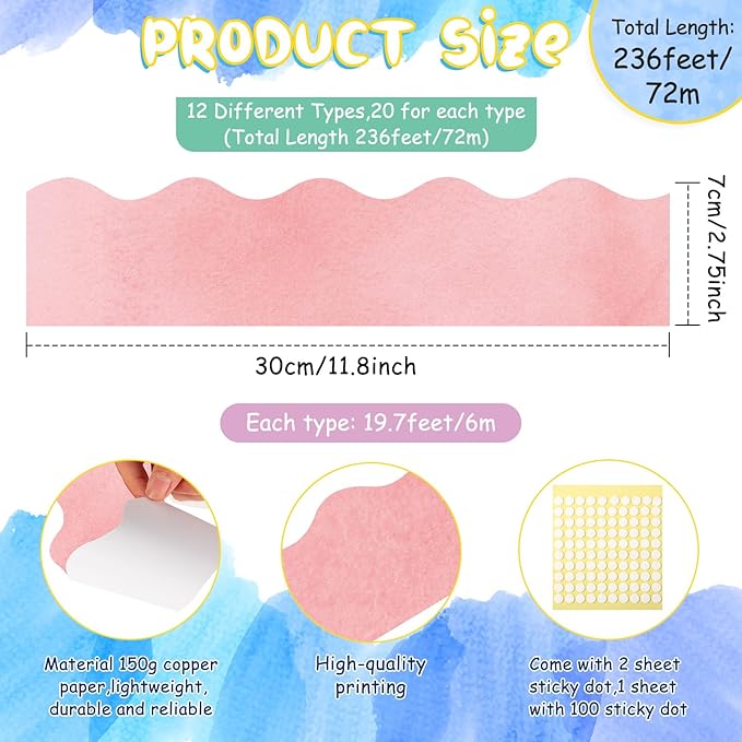 Containlol 236ft Watercolor Bulletin Board Decoration, Spring Classroom Bulletin Board Borders, Soft Scalloped Trim for Valentine School Office Poster Chalkboard Whiteboard Wall Decor