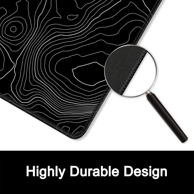 ITNRSIIET Mouse Pad with Stitched Edge Premium Textured Smooth Precise Operation Waterproof Washable Non-Slip Rubber Base Desktop Protection Mat, 10.2×8.3×0.12 inches, Topographic Contour Black
