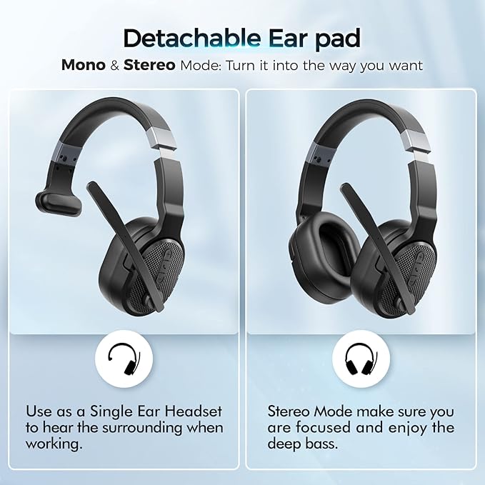 Trucker Bluetooth Headset, Wireless Headsets with Noise Cancelling Microphone, Long Battery Life Bluetooth Headphones with Detachable Earpad/Single+Dual Mode for Office/Driving/Home