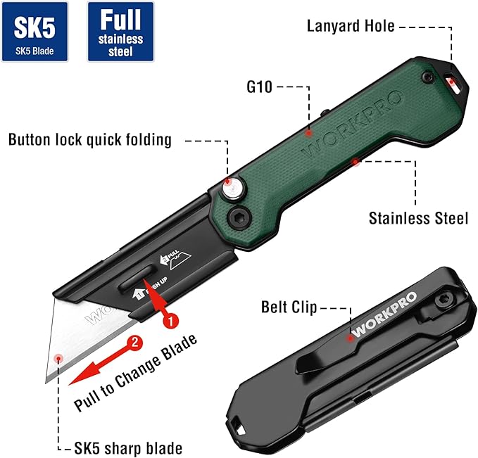 WORKPRO EDC Folding Utility Knife, Mini Box Cutter with Quick Open Axis Lock, Quick Change Blade Razor Knife, Foldable Small Pocket Knife with Belt Clip