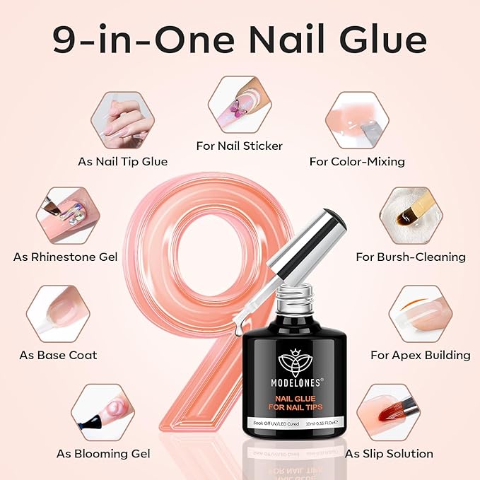 modelones X Nail Gel Kit Short Almond, 9-in-One Nail Glue with Portable U V Lamp 216Pcs 12Sizes Pre-Etched Press ons Fake Acrylic Extension Kit DIY Salon Gift for Women