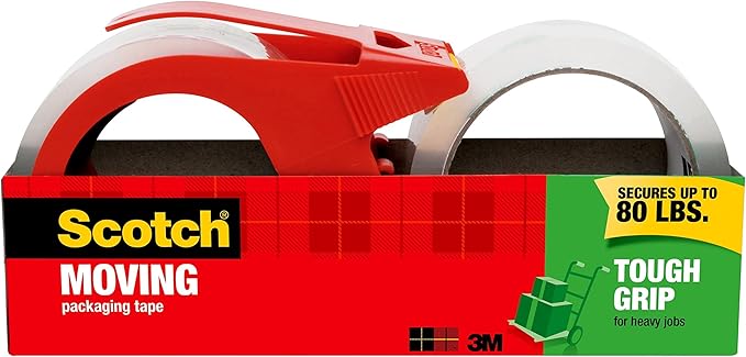 Scotch Tough Grip Moving Packing Tape, Clear, Moving Tape That Secures Boxes up to 80 Pounds, 1.88 in. x 38.2 yd., 2 Tape Rolls