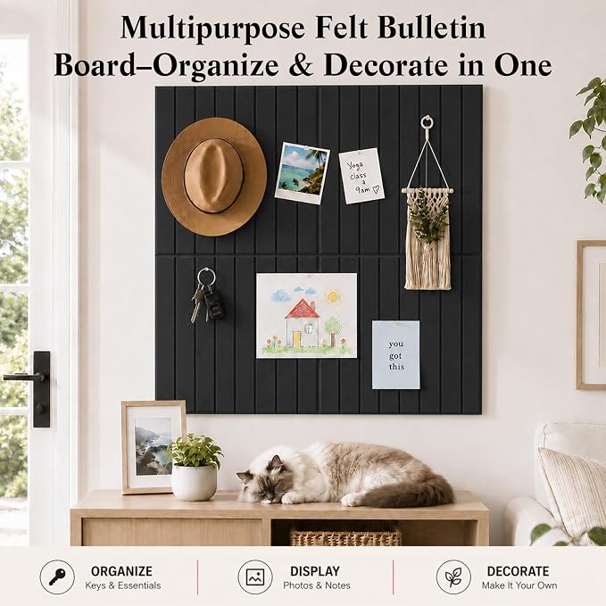 48" x 36" Large Felt Bulletin Board, Bold-Stripe 12-Pack Cork Boards | Fabric Bulletin Board with 60 Adhesive Tabs, 50 Pushpins, Felt Wall Tiles for Office Push Pin Board Felt Board, Black | Fabric Bulletin Board with 60 Adhesive Tabs, 50 Pushpins, Fel...