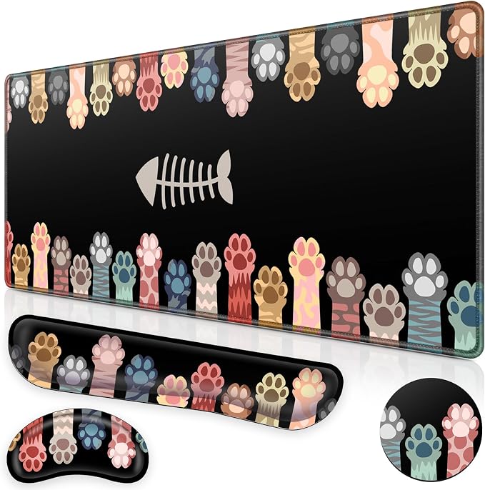 Canjoy Desk Mat with Wrist Rest, Anime Cat Paws Keyboard and Mouse Pad | 4-in-1 Large Mouse Pad(35.4×15.7in) + Keyboard Wrist Rest + Coaster, Kawaii Cute Keyboard Mat Extended Desk Pad Memory Foam