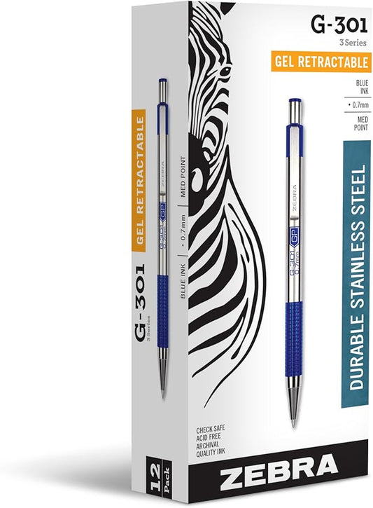 Zebra Pen G-301 Retractable Gel Pen, 0.7mm Medium Point, Stainless Steel Barrel, Textured Grip, Easy Glide Ink Provides a Smooth and Skipless Writing Experience, Blue Ink, 12-Pack (41320)