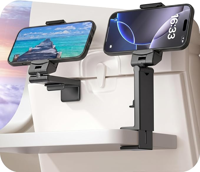 Perilogics Airplane Phone Holder Mount Universal in Flight Hands Free Viewing with Multi-Directional Dual 360 Degree Rotation (Black/Black) | Universal in Flight Phone Stand, Hands Free, Dual 360° Rotatio, Must Haves Airplane Travel Accessory, 2‑Pack, ...
