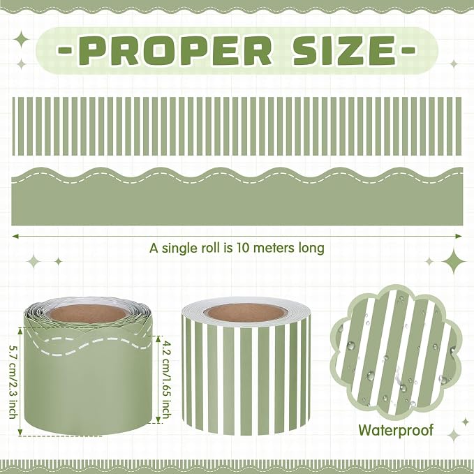 2 Rolls 65.6ft Sage Green Striped Bulletin Board Borders Decoration Scalloped and Straight Edge Greene Bulletin Borders Board Trim for Office School Classroom Chalkboard Party Decoration