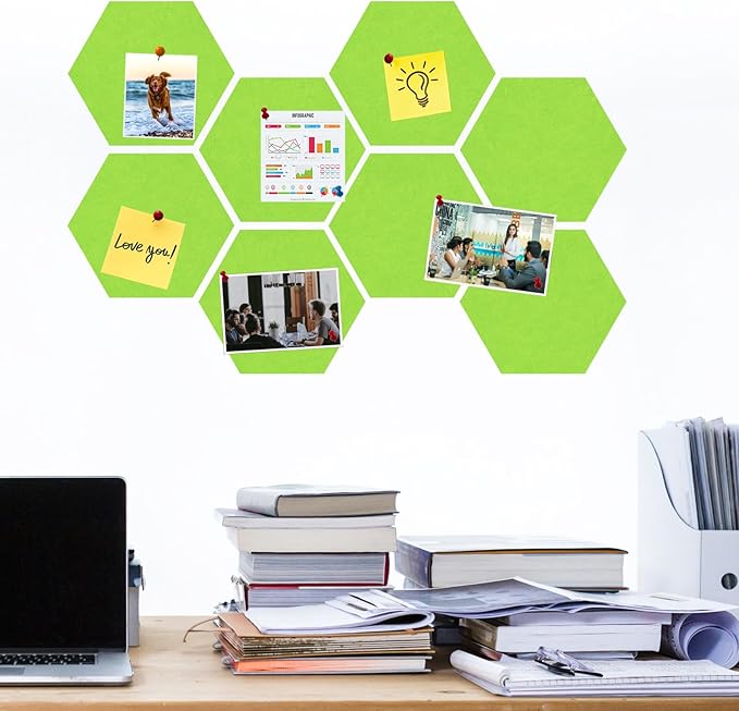 Large Hexagon Felt Cork Board Tiles, Self Adhesive DIY Felt Bulletin Board Pin Board with 35 Pushpins for Office School Home Wall Decor Stickers Memos Photos Display(Bright Green)