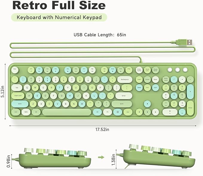 Computer Keyboard Wired, Plug and Play USB Retro Round Typewriter Keyboard, Full Size Wired Keyboard with Foldable Stands for Laptop and Office PC