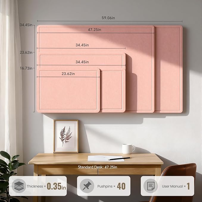 Large Bulletin Board, 35 X 17 Inches Felt Cork Board with 40 Pushpins, Foldable Felt Notice Pin Board Photo Display Board with Self-Adhesive Tape for Office Home School (Pink, 35x17 inch)