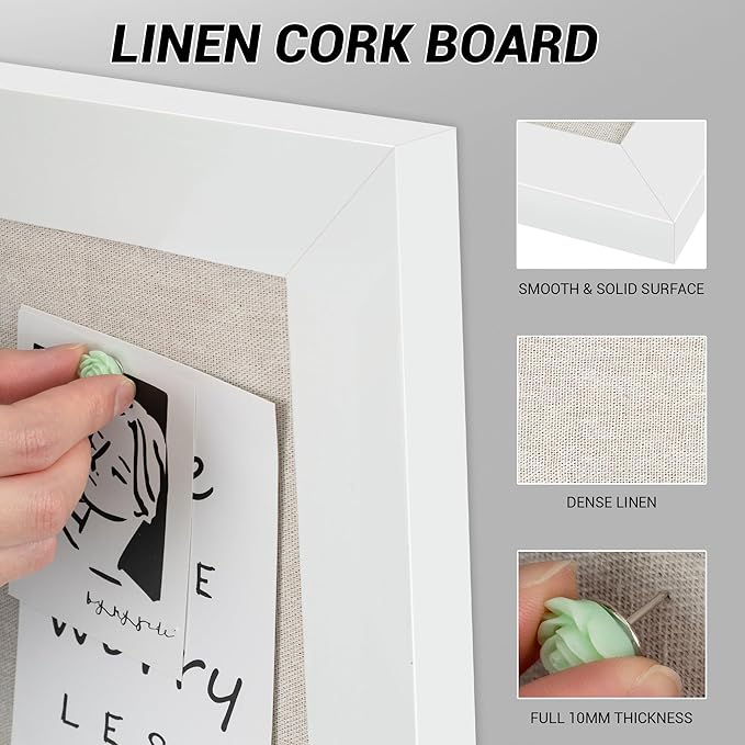 Board2by White Cork Board Bulletin Board with Linen, Wood Framed 30" x 20" Corkboard, Office Board for Wall Decor, Wall Mounted Pin Board Picture Board with 20 Pushpins for School, Home & Office