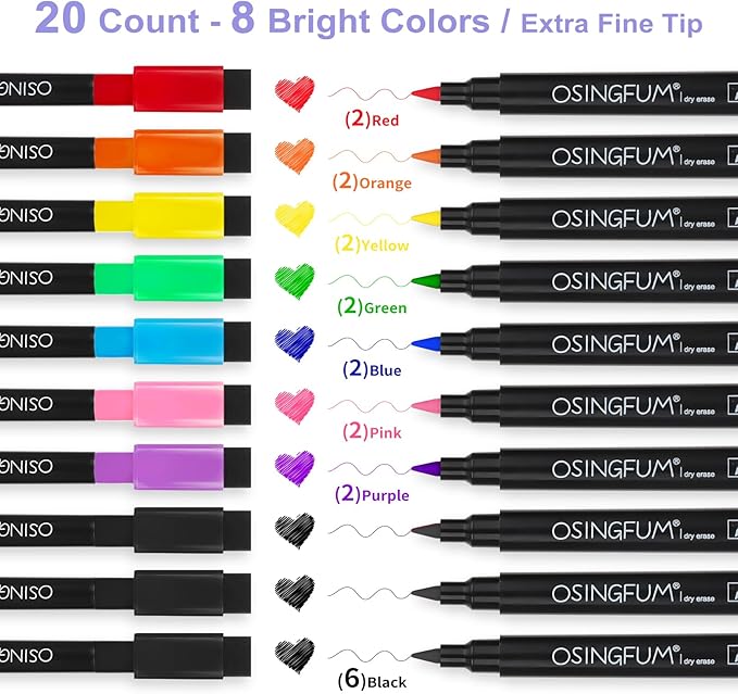 20 Magnetic Dry Erase Markers Ultra Fine Tip, 0.7mm, Extra Fine Point Erasable Markers with Eraser, Thin White Board Markers Dry Erase, Low Odor, 8 Colors
