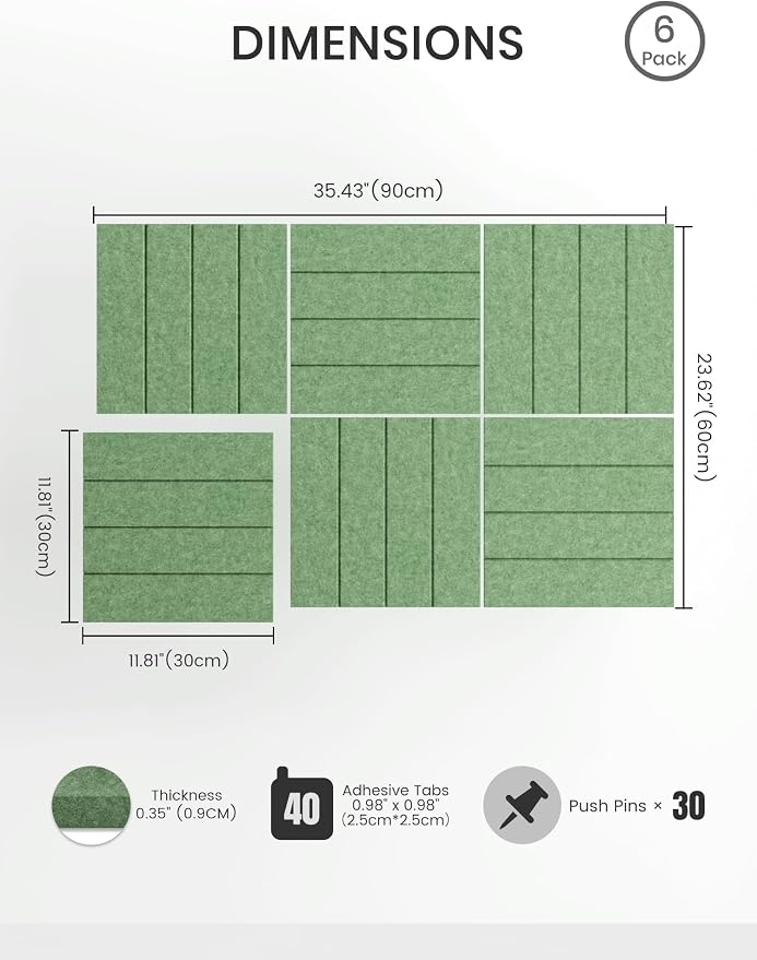 Bumusty 36" x 24" Large Cork Board Alternative, Moss Green | 6-Pack Felt Bulletin Board Tiles, 60 Adhesive Tabs, 30 Pushpins, Home, Office, Classroom, Vision Board