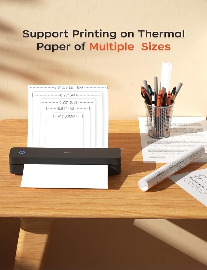PRT Portable Printer Wireless for Travel, Thermal Inkless Small Bluetooth Mobile Printer, Support 8.5" X 11" US Letter, A4, Compatible with Phone, Laptop for Office, Vehicles, Home Use, 300 DPI, Black