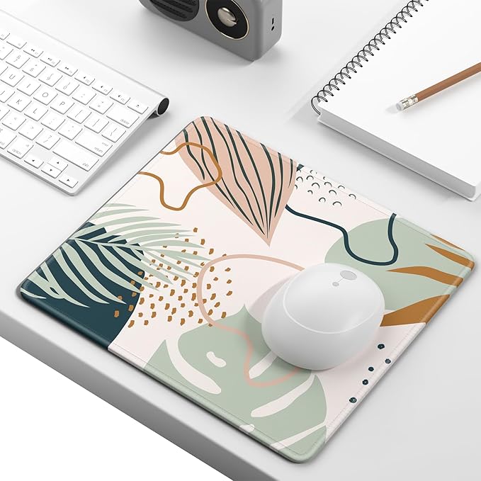 Mouse Pad, Minimalism Marble Style Computer Pad, Anti-Slip Rubber Mouse Mat with Stitched Edges for Gaming, Office, Laptop, PC, Women, 9" x 8" Thick 3 mm, Abstract Leaves