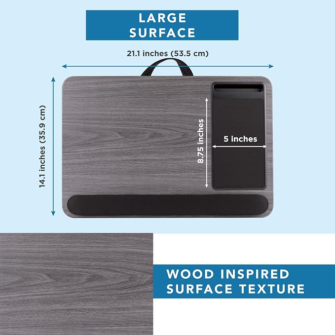 LAPGEAR Home Office Pro Lap Desk - Gray Woodgrain, Fits 15.6” Laptops | Built-In Mouse Pad & Phone Slot, Wide Cushioned Wrist Rest, Dual-Bolster Microbead Cushion, Carry Handle