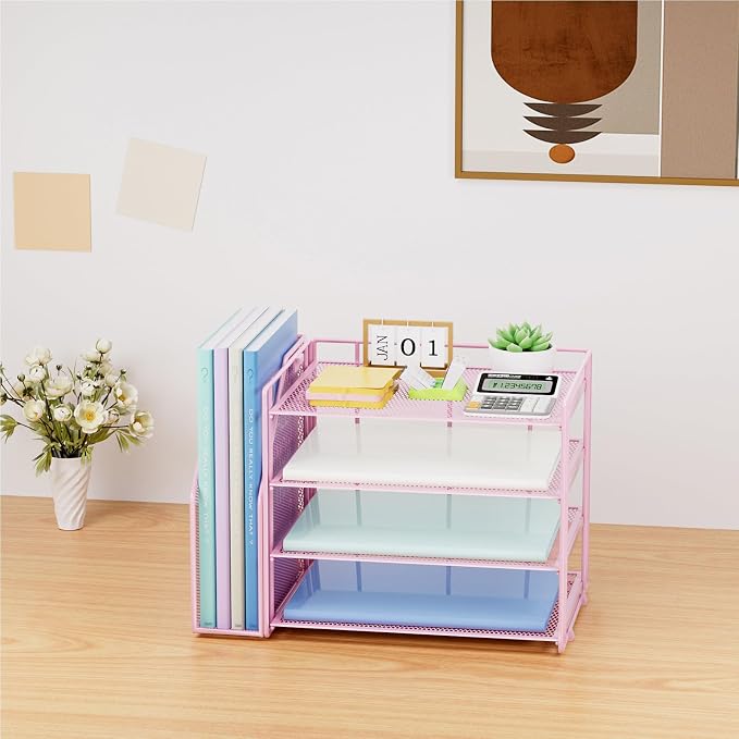 Marbrasse 4-Tier Paper Tray Organizer with File Holder, Pink | Sturdy Paper Tray, Built-in File Holder, fits Letters/Docs, Saves Desk Space, for School/Office/Home
