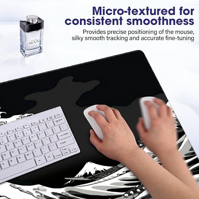 Professional Extended Gaming Mouse Pad - 31.5" x 15.7" Large Desk Mat with Stitched Edges, Waterproof Coating Non-Slip Rubber Base for Gamers Esports Pros Office Home, White Wave