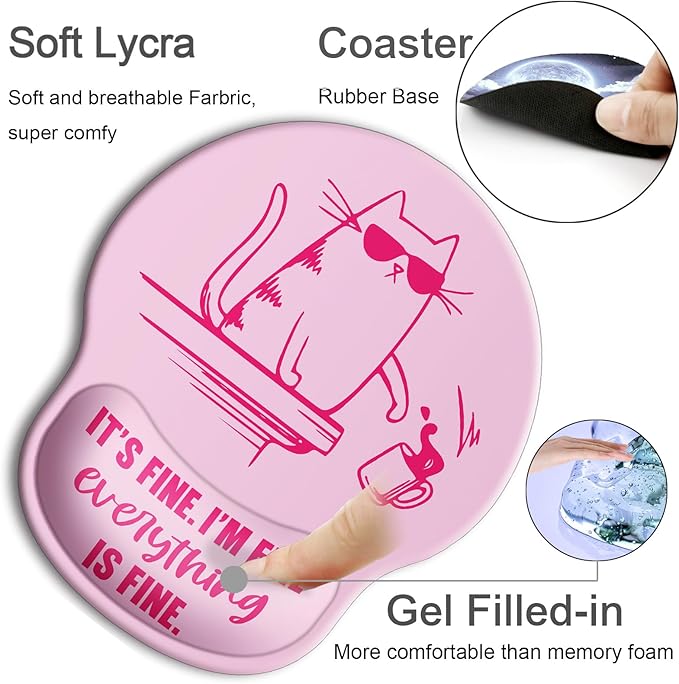 Ergonomic Mouse Pad with Wrist Support Rest,Large Mousepad Gel Wrist Rest, with Coaster Non-Slip & Pain Relief for Computer, Desk, Home&Office-Pink Cute Funny Cat