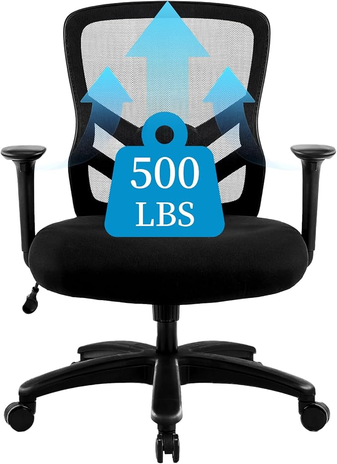 YFO Big and Tall Office Chair 500LBS - Computer Desk Chair with Adjustable Lumbar Support, Heavy Duty Ergonomic Mesh with 360 Rotation 2D Arm and Extra Wide Comfty Seat, Quiet Wheels for Adults, Black