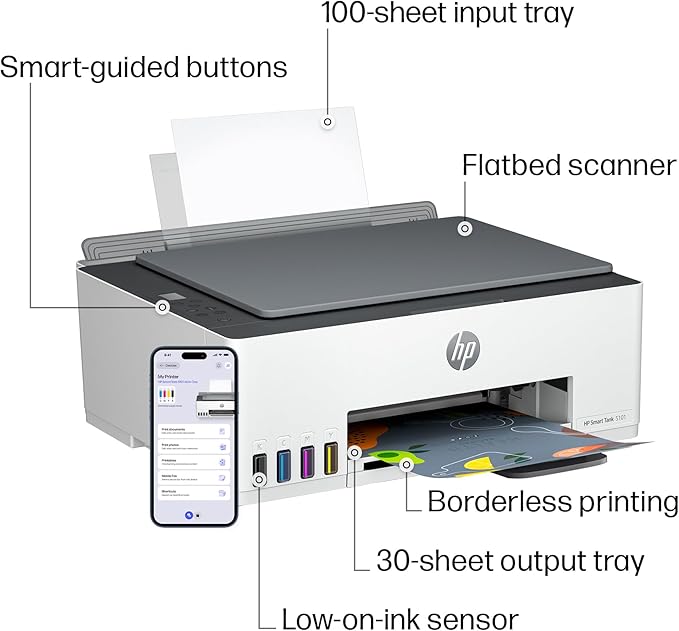 HP Smart Tank 5101 Wireless All-in-One Refillable Printer, Scanner, Copier with 2 years of Ink included, Wireless printer-for-home use an EcoTank Alternative (1F3Y0A)