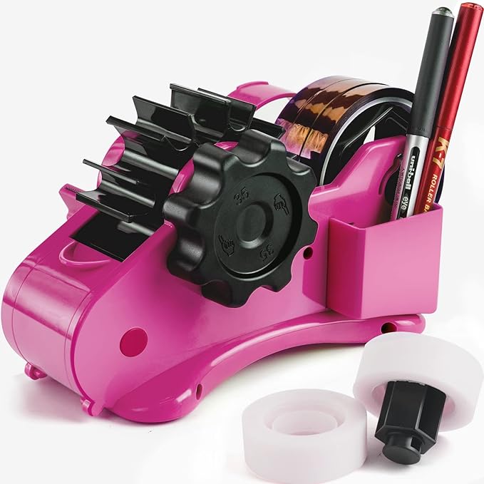 Cute Pink Heat Tape Dispenser with Pen Slot and 1"& 3" Dual-roll cores,semi-Automatic Desk 3/4" Sublimation Tape Dispenser & Cut, Designed for Office,School and Warehouse.