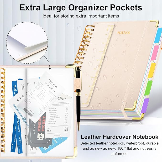 Hardcover Spiral Notebook 5.7"x 8.2" Journal Notebook with Tabs and Removable Dividers 300 Pages 5 Subject Notebook College Ruled, Faux Leather Spiral Bound Notebook for Women School Work(White)