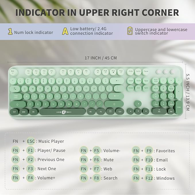 Wireless Keyboard and Mouse Combo - 2.4G Full-Sized Cute Colorful Mouse and Keyboard with 104 Round Keys Retro Typewriter Keyboard for Laptop/Windows/PC - Green Gradient