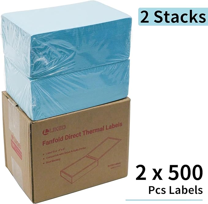 L LIKED 1000 Fanfold 4" x 6" Direct Thermal Labels Shipping Labels with Perforated Line, Permanent Adhesive for Rollo, Zebra, Jadens, Nelko, Munbyn, Phomemo, White, Commercial Grade